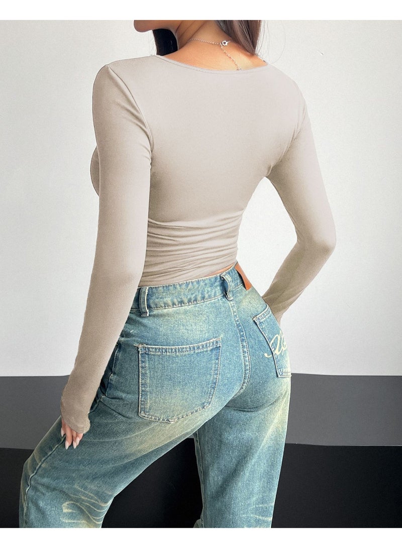 general 2026 Elegant Women's Long-Sleeved Square-Neck Crop Top, Long-Sleeved Pullover Tight-Fitting Casual Fashion Top, Y2K Style Top, T-Shirt - Image 4